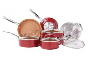  Moss & Stone Copper 5 Piece Set Chef Cookware, Non Stick Pan,  Deep Square Pan, Fry Basket, Steamer Tray, Dishwasher & Oven Safe, 5 Quart  Copper Pot Set, Red Induction Cookware